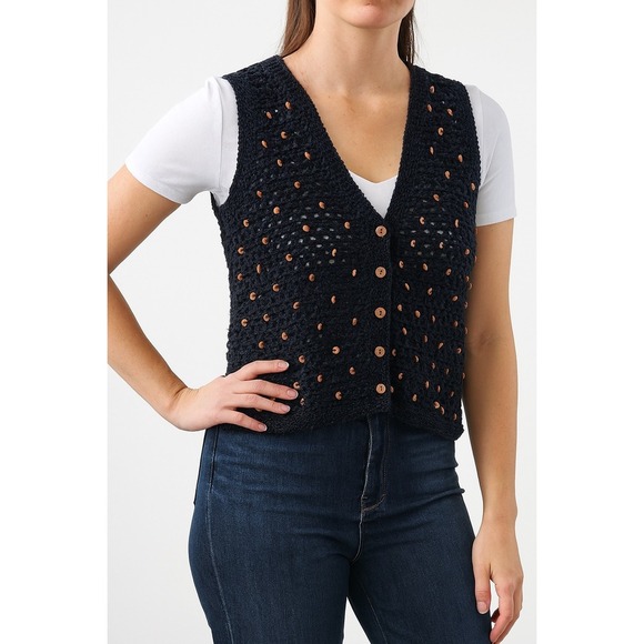 Robert Scott Ltd Knit Vest Hand Knitted Button Up Sleeveless Black Boho - Picture 1 of 3